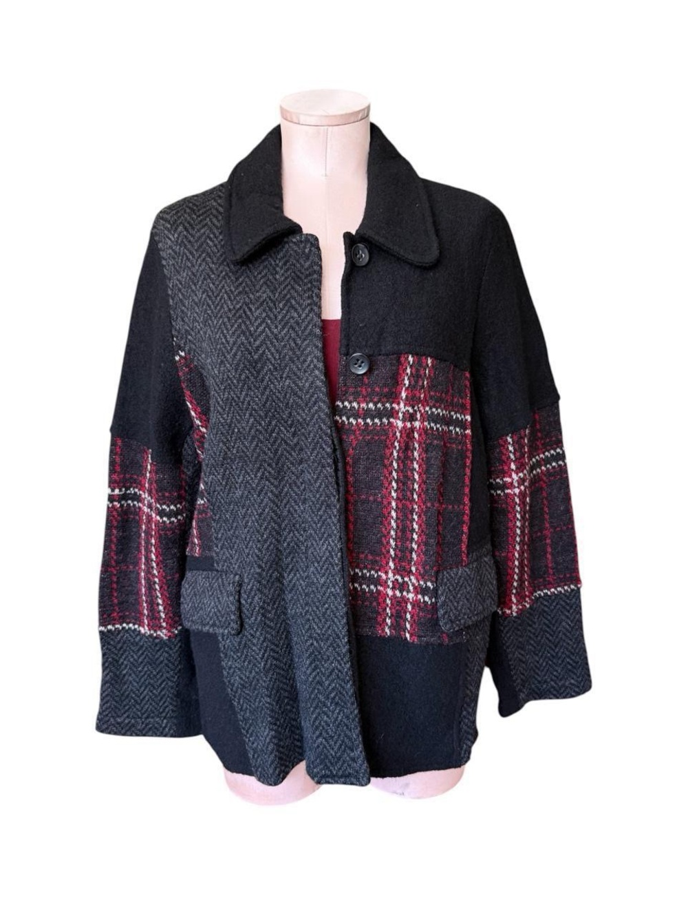 Keren Hart Plaid & Herringbone 100% Wool Pea Coat
